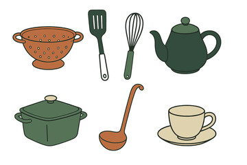 Essential kitchen utensils and cookware collection including pot, colander, whisk, and teapot