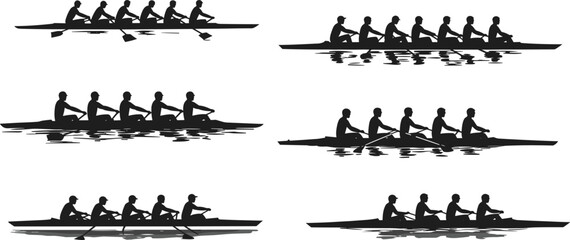 Silhouette rowing team paddling together on river, teamwork and coordination in water sport competition, black athlete figures, isolated vector illustration design © Amol Chandra
