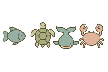 Stylized marine animals set featuring fish, sea turtle, whale, and crab