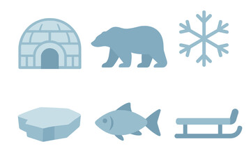 Set of flat design icons representing Arctic and winter environment elements