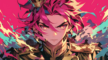 Cool handsome young anime man wearing a golden crown like a king