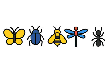 Colorful stylized insect icons: butterfly, beetle, bee, dragonfly, ant