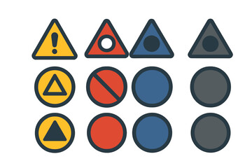 Collection of various safety, warning, prohibition, and informational road signs and symbols in flat design style