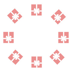 Round holiday frame with  beautiful red gift and  white ribbon. Happy birthday, Christmas, New Year. Flat vector design.