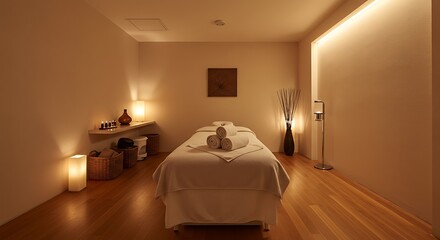 Relaxing Spa Massage Room with Warm Lighting and Minimalist Decor