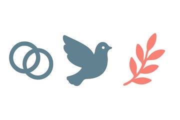 Simple icons of wedding rings, dove, and leafy branch symbolizing love, peace, and commitment