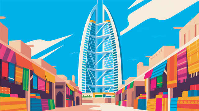 Illustration Of Bahrain Building And Traditional Market Vector Design Template