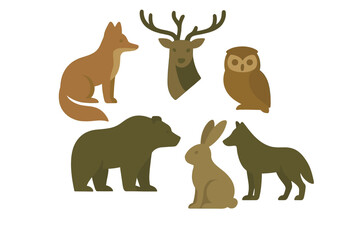 Stylized forest and woodland animals collection: bear, deer, fox, owl, rabbit, wolf