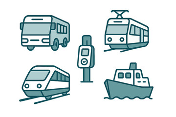 Collection of public transit symbols including bus, tram, train, ferry, and ticket validator