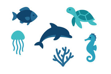 Collection of cute marine animals including dolphin, fish, turtle, jellyfish, and seahorse