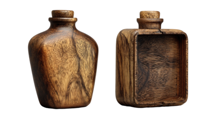 Two wooden bottles, one rounded, one rectangular