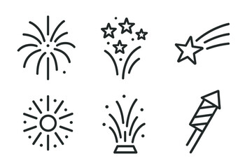 Minimalist outline icons depicting various celebratory fireworks explosions and rocket launch