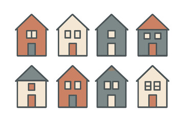 Eight stylized residential houses icons in muted colors for real estate and neighborhood graphics