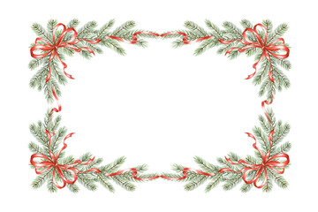 Christmas spruce branch with red bow and ribbons frame watercolor. Fir twig with green needles. Hand drawn illustration of pine winter holiday background. Isolated template for greeting card, textile.