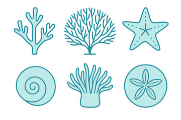 Fototapeta premium Six turquoise marine life icons: coral, starfish, sea anemone, sand dollar