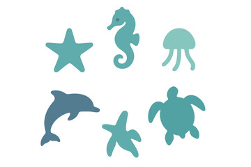 Stylized silhouettes collection of marine animals including dolphin and sea turtle
