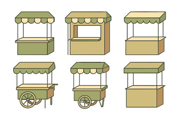 Set of outdoor market stalls, vendor kiosks, and food service pushcarts with green awnings