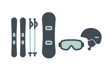 Essential winter sports equipment collection including skis, snowboard, helmet, and goggles