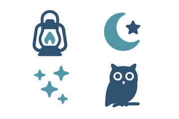 Stylized icon set featuring night, nature, and camping elements: lantern, owl, moon, and stars