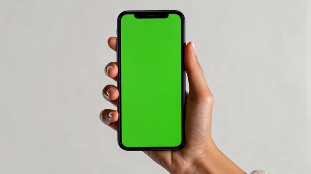 Hand Holding Smartphone with Greenscreen: A person's hand elegantly cradles a sleek smartphone, the screen ablaze with an eye-catching green chroma key ready to be customized