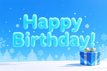 A digital illustration featuring a blue gift box with a gold bow, surrounded by snowy trees and a bright blue background with fluffy happy birthday text.