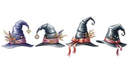 Four witch hats in a row with ribbons and decorative