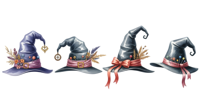Four witch hats in a row with ribbons and decorative