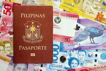 Philippines peso currency money bills and passport. The concept of travel and vacation