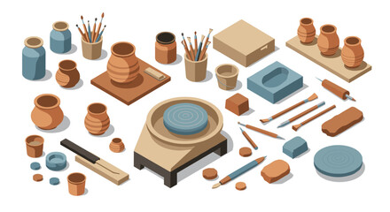 Isometric pottery workshop tools and clay crafting essentials for artisans