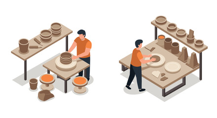 Isometric pottery crafting scene with artists shaping clay on wheels