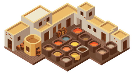 Isometric traditional tannery with colorful dye vats in geometric architecture style