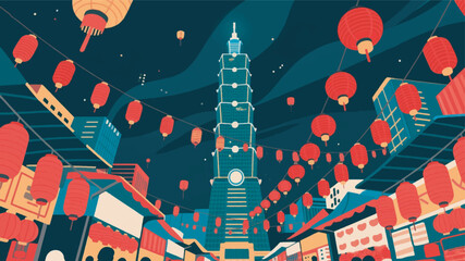 Naklejka premium Illustration Of Taipei's Towering Skyscrapers With A Night Market Full Of Red Lanterns Vector Design Template