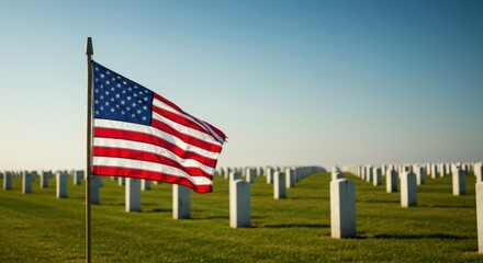 American flag flies over a vast military cemetery under a clear sky.
