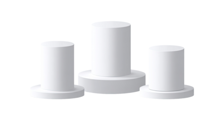 Three white, cylindrical podiums of varying sizes