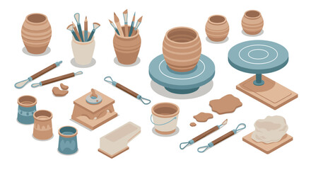 Isometric pottery studio tools, vases, and clay in modern design