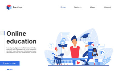 Digital learning platform with students studying online, using laptops and tablets, surrounded by educational icons and technology for remote education and e-learning vector illustration