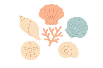 Stylized arrangement of conch shells, scallop shells, sand dollar, and branching coral