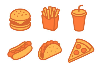 Set of six stylized fast food icons: hamburger, french fries, soda, hot dog, taco, and pizza