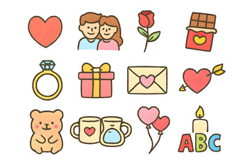 Collection of valentine s day themed hand drawn icons isolated on transparent background