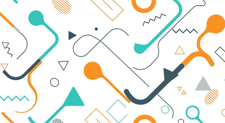 Abstract geometric pattern with colorful lines, circles, triangles, and squares on a white background, creating a modern and dynamic design.