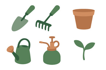 Essential gardening tools set including trowel, rake, watering can, pot, sprayer, and small plant sprout