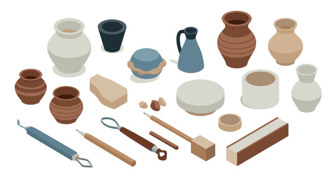 Isometric pottery set with tools for craft enthusiasts and ceramic artists