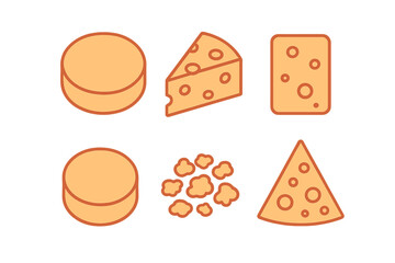 Assortment of stylized cheese products including wheels, wedges, and grated pieces