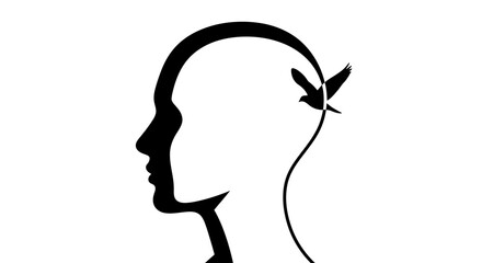 Silhouette of a human head with an opening, a bird flying into the head.