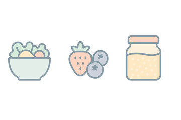 Minimalist icons of healthy food and nutrition including salad, berries, and baby food jar
