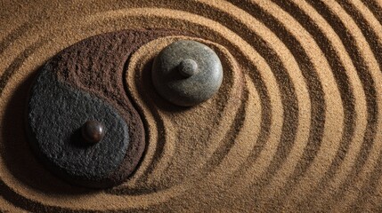 Naklejka premium Yin yang stones in sand pattern depicting balance and harmony