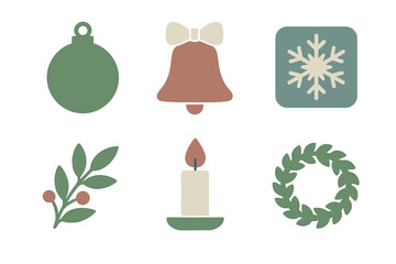 Muted color collection of six winter holiday and Christmas decorative icons