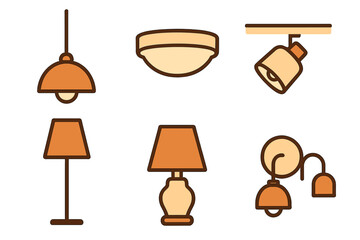 Modern interior lighting fixtures set including ceiling, floor, and wall lamps
