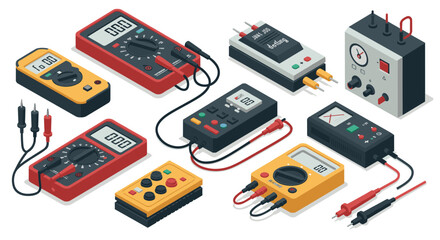 Isometric digital multimeter and electronic tester devices collection