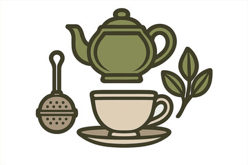 Traditional tea brewing set with teapot, cup, saucer, infuser, and fresh green leaves